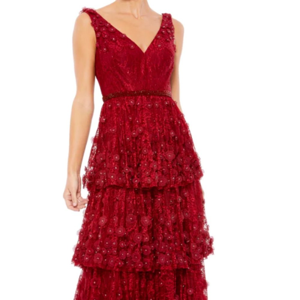 MAC DUGGAL 67710 FLORAL APPLIQUE RUFFLED TIERED SLEEVELESS V-NECK RED GOWN sz 12